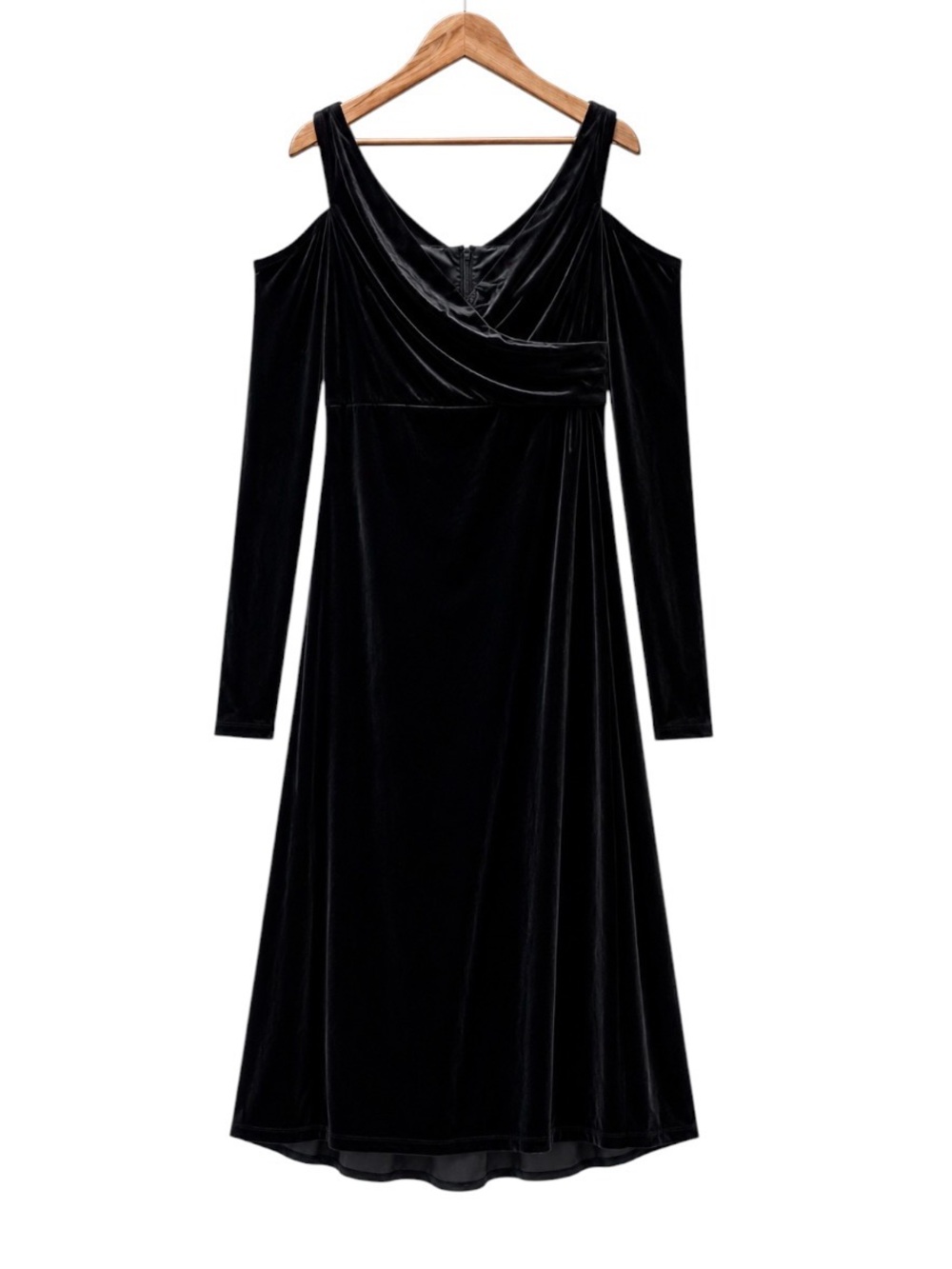 Griffniseti Black Velvet Cold Shoulder Maxi Dress NWT Size Large Stretch Gown